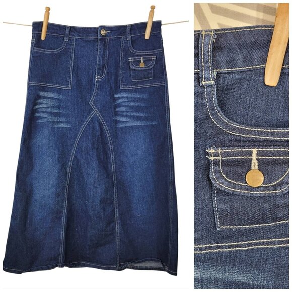 Vtg Denim Skirt Junior 16 (12/14) 32" Waist Jean Modest Long Midi Zip Pocket Alt - Picture 1 of 7